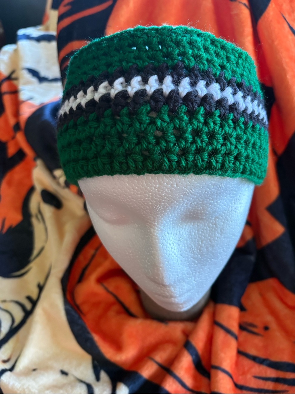 Handmade Green Crocheted Headband with Black and White Stripe Eagles Color